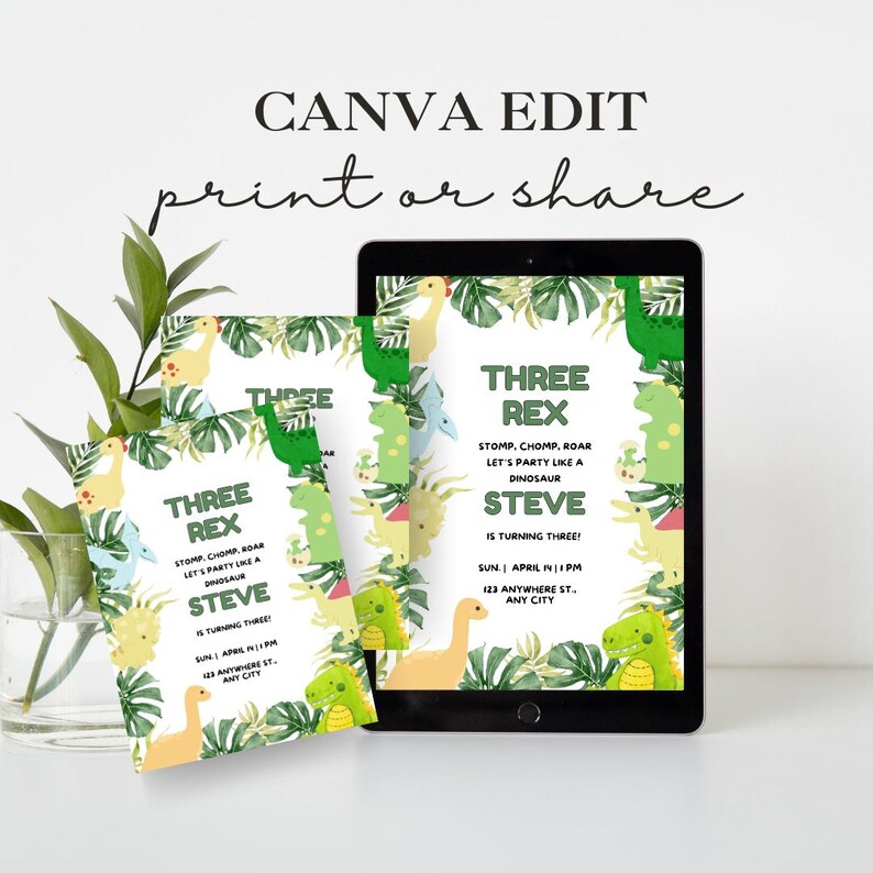 May include: A printable dinosaur birthday party invitation with a green, yellow, and blue colour scheme. The invitation features a cartoon dinosaur with the text "Three Rex" and "Steve is turning three!"