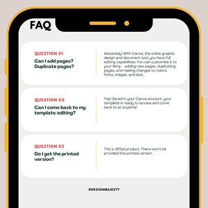 K&ouml;nnte beinhalten: Ein Screenshot eines Mobiltelefons, auf dem ein Abschnitt mit h&auml;ufig gestellten Fragen (FAQ) zu einer Grafikdesignvorlage angezeigt wird. Der FAQ-Abschnitt enth&auml;lt Fragen zum Hinzuf&uuml;gen von Seiten, zum Duplizieren von Seiten, zum Speichern und Zugreifen auf die Vorlage sowie zur Verf&uuml;gbarkeit einer gedruckten Version. Der Text auf dem Bildschirm lautet "FAQ", "Frage 01", "Kann ich Seiten hinzuf&uuml;gen? Seiten duplizieren?", "Frage 02", "Kann ich zu meiner Vorlage/Bearbeitung zur&uuml;ckkehren?", "Frage 03", "Bekomme ich die gedruckte Version?", "@DESIGNMAJESTY".