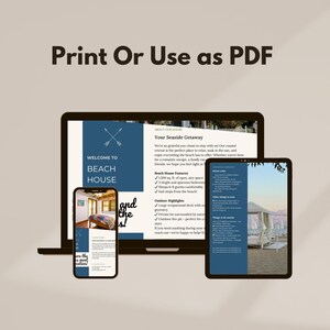 May include: A digital brochure for a beach house rental. The brochure is displayed on a laptop, tablet, and smartphone. The brochure features a blue and white colour scheme and includes text about the beach house's amenities and location. The text on the brochure reads "Welcome to Beach House" and "Your Seaside Getaway".