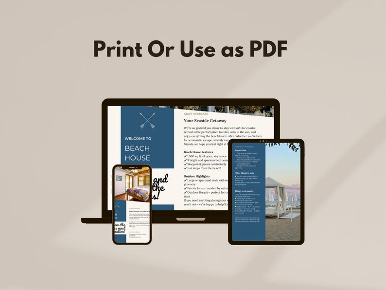 May include: A digital brochure for a beach house rental. The brochure is displayed on a laptop, tablet, and smartphone. The brochure features a blue and white colour scheme and includes text about the beach house's amenities and location. The text on the brochure reads "Welcome to Beach House" and "Your Seaside Getaway".