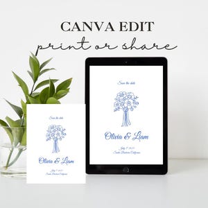 Puede incluir: Una tarjeta digital de guardar la fecha con una ilustraci&oacute;n de ramo de flores azul. El texto dice "Save the date" y "Olivia & Liam" con la fecha "July 7, 2023" y la ubicaci&oacute;n "Santa Barbara, California".