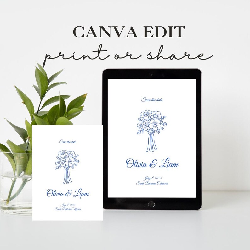 Puede incluir: Una tarjeta digital de guardar la fecha con una ilustraci&oacute;n de ramo de flores azul. El texto dice "Save the date" y "Olivia & Liam" con la fecha "July 7, 2023" y la ubicaci&oacute;n "Santa Barbara, California".