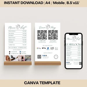 Editable Hair Salon Price List Template showing a modern, minimalist design for haircuts, bridal styling, and color services, featuring QR codes for digital payments and a mobile-friendly version.