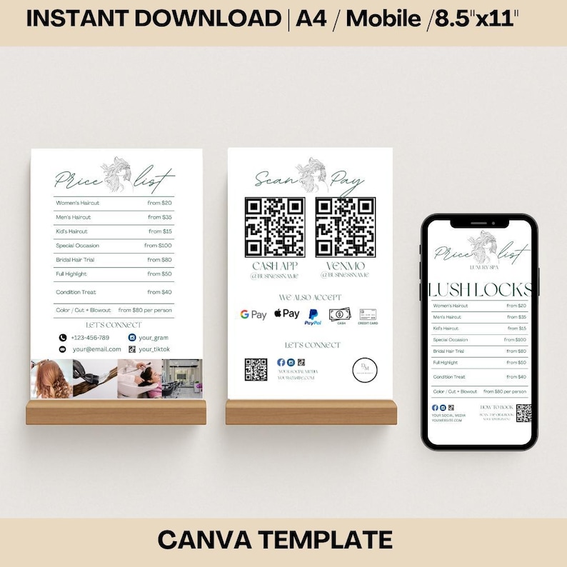Editable Hair Salon Price List Template showing a modern, minimalist design for haircuts, bridal styling, and color services, featuring QR codes for digital payments and a mobile-friendly version.