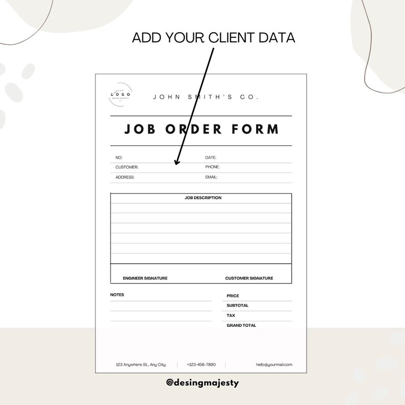 K&ouml;nnte beinhalten: Ein schwarz-wei&szlig;es Auftragsformular mit dem Text "JOHN SMITH'S CO." und "JOB ORDER FORM". Das Formular enth&auml;lt Felder f&uuml;r Kundeninformationen, Auftragsbeschreibung, Unterschrift des Ingenieurs, Unterschrift des Kunden und Preisangaben.