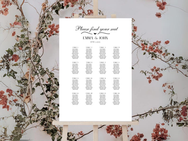K&ouml;nnte beinhalten: Ein wei&szlig;er Hochzeitssitzplan mit dem Text "Bitte finden Sie Ihren Platz" und "Emma & John" mit dem Datum "3. Juni 2023". Der Plan listet die Tische 1 bis 16 mit den Namen der G&auml;ste auf.