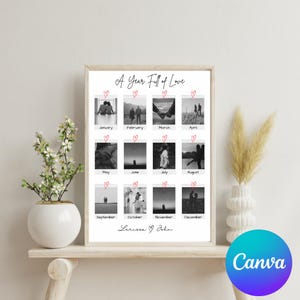 Pode incluir: Uma colagem de fotos preto e branco de um casal com um design de cora&ccedil;&atilde;o para cada m&ecirc;s do ano. O t&iacute;tulo &eacute; "A Year Full of Love" e os nomes "Lerissa & John" est&atilde;o na parte inferior.