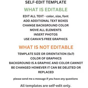 May include: White graphic with the word "Canva" in a black script font. The image details what is editable in the template, including text, color, size, and font. It also lists what is not editable, such as template size and graphic color.