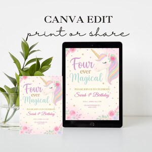 Puede incluir: Una invitaci&oacute;n imprimible para una fiesta de cumplea&ntilde;os de 4 a&ntilde;os con tem&aacute;tica de unicornio. La invitaci&oacute;n presenta un unicornio rosa y blanco con una crin y cola de arco&iacute;ris, rodeado de flores y estrellas. El texto de la invitaci&oacute;n dice "Four ever Magical" e incluye el nombre de la ni&ntilde;a que cumple a&ntilde;os, la fecha y la hora de la fiesta.