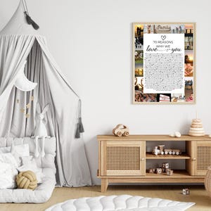 Pu&ograve; includere: Un collage di foto incorniciato con il testo "70 Reasons Why We Love You" stampato su uno sfondo bianco. Il collage presenta foto di una famiglia, tra cui una coppia, bambini e un cane. La cornice &egrave; in legno e ha una finitura marrone chiaro.