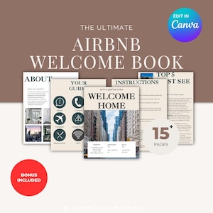 May include: A digital guidebook for Airbnb hosts, featuring a welcome home message, instructions, and a guide to the local area. The guidebook includes 15 pages and is editable in Canva.