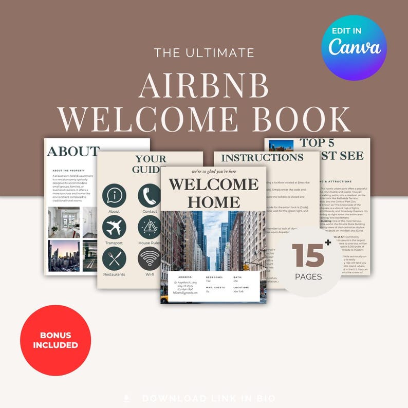 May include: A digital guidebook for Airbnb hosts, featuring a welcome home message, instructions, and a guide to the local area. The guidebook includes 15 pages and is editable in Canva.
