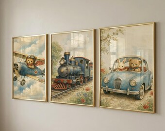 3er-Set Wandbilder fürs Kinderzimmer, Transportmotive, Geschenk zur Babyparty