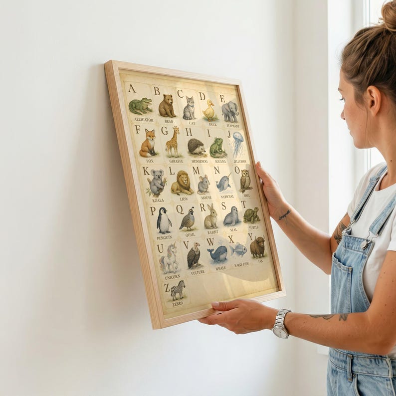 Puede incluir: Un p&oacute;ster del alfabeto enmarcado que presenta una cuadr&iacute;cula de animales ilustrados correspondientes a cada letra de la A a la Z. La impresi&oacute;n tiene un fondo beige claro con letras negras y dibujos detallados de animales en un marco de madera clara.