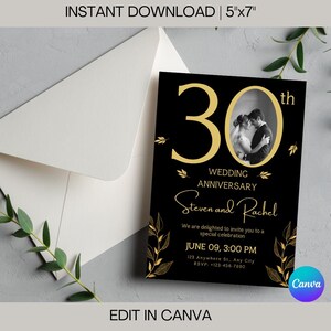 Inbjudan till 30-årsjubileum: Svart och guld, fotomall (digital nedladdning) bild 1