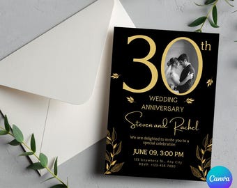 30th Anniversary Invitation: Black and Gold, Photo Template (Digital Download)