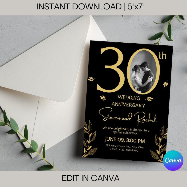 Inbjudan till 30-årsjubileum: Svart och guld, fotomall (digital nedladdning) bild 1