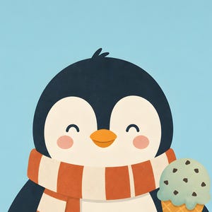 May include: A digital illustration of a smiling penguin with black and white feathers, wearing a thick orange and white striped scarf. The penguin is holding a light green mint chocolate chip ice cream cone against a solid light blue background.