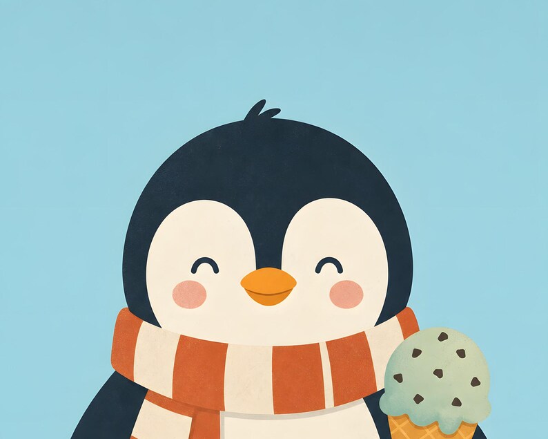 May include: A digital illustration of a smiling penguin with black and white feathers, wearing a thick orange and white striped scarf. The penguin is holding a light green mint chocolate chip ice cream cone against a solid light blue background.