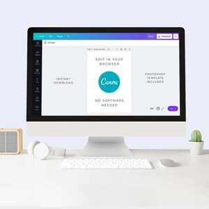 May include: A computer screen displaying a Canva design template with the text "Edit in your browser" and "No software needed". The template is for a Photoshop template and includes the Canva logo. The screen is on a white desk with a keyboard, mouse, and a small potted plant.
