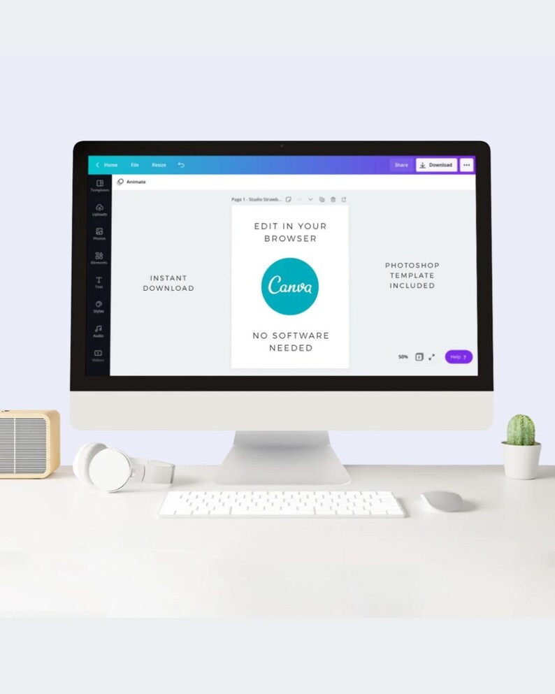 May include: A computer screen displaying a Canva design template with the text "Edit in your browser" and "No software needed". The template is for a Photoshop template and includes the Canva logo. The screen is on a white desk with a keyboard, mouse, and a small potted plant.