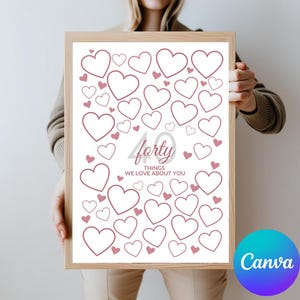 May include: A framed print with a white background, featuring numerous pink hearts of varying sizes. The text "forty things we love about you" is displayed in a stylish font. The frame is a light brown color.