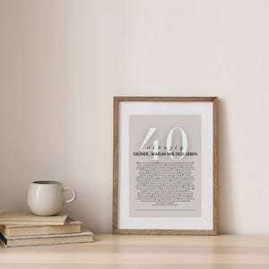 Puede incluir: Un marco con el texto en alem&aacute;n "40 Gr&uuml;nde, Warum Wir Dich Lieben". La impresi&oacute;n tiene un fondo gris claro y un marco de madera. Libros y una taza est&aacute;n sobre una superficie de madera.