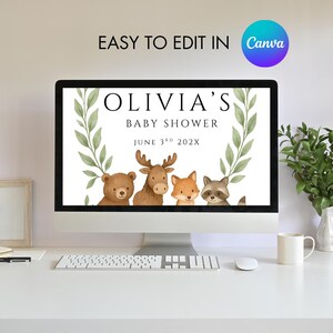 May include: A digital invitation for a baby shower with a woodland theme. The invitation features a white background with green leafy branches on either side. The text reads "Olivia's Baby Shower June 3rd 202X". There are four woodland animals at the bottom of the invitation: a bear, a moose, a fox, and a raccoon.
