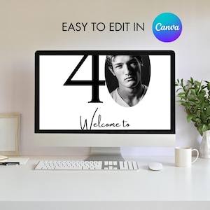 Puede incluir: Una pantalla de ordenador que muestra una imagen en blanco y negro del n&uacute;mero 40 con la cara de un hombre en un c&iacute;rculo en el fondo. El texto "Welcome to" est&aacute; debajo del n&uacute;mero. El texto "Easy to edit in Canva" est&aacute; en la parte superior de la pantalla.