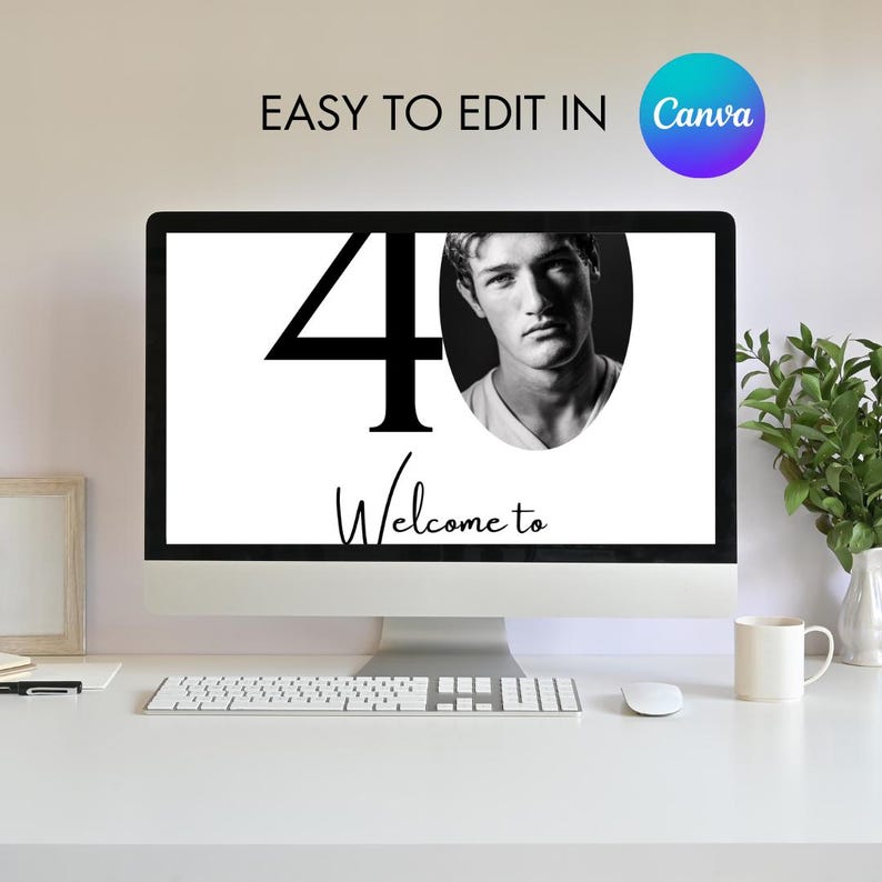 Puede incluir: Una pantalla de ordenador que muestra una imagen en blanco y negro del n&uacute;mero 40 con la cara de un hombre en un c&iacute;rculo en el fondo. El texto "Welcome to" est&aacute; debajo del n&uacute;mero. El texto "Easy to edit in Canva" est&aacute; en la parte superior de la pantalla.