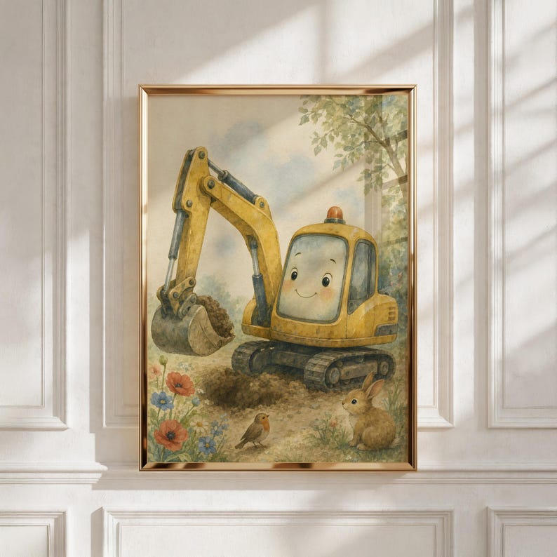 Decorazione murale per la cameretta a tema costruzioni, stampa di una scavatrice per la stanza dei bambini, regalo per neonato, download immediato immagine 7