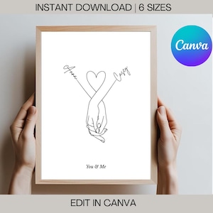 May include: A printable art print with a line drawing of two hands holding each other, with a heart in the middle. The names "Anna" and "Casey" are written above the hands, with arrows pointing to each name. The text "You & Me" is written below the hands.