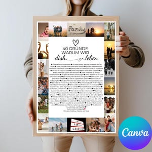 May include: A framed print with a collage of family photos and the text "40 GR&Uuml;NDE WARUM WIR dish leben" in German. The print has a wooden frame and includes the words "LOVE FAMILY LAUGHTER".