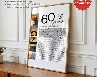 60 Gründe warum wir dich lieben – Personalisiertes Geschenk zum 60. Geburtstag, Fotocollage, Canva Vorlage