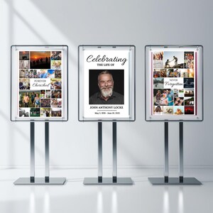Pu&ograve; includere: Tre poster incorniciati neri con sfondi bianchi e un collage di foto su ciascuno. Il poster centrale presenta una foto di un uomo con la barba e il testo "Celebrating the life of John Anthony Locke May 3, 1959 - June 10, 2025". Il poster di sinistra ha il testo "Forever Cherished" e il poster di destra ha il testo "Never Forgotten".