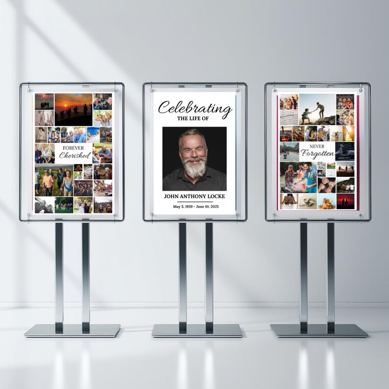 Pu&ograve; includere: Tre poster incorniciati neri con sfondi bianchi e un collage di foto su ciascuno. Il poster centrale presenta una foto di un uomo con la barba e il testo "Celebrating the life of John Anthony Locke May 3, 1959 - June 10, 2025". Il poster di sinistra ha il testo "Forever Cherished" e il poster di destra ha il testo "Never Forgotten".