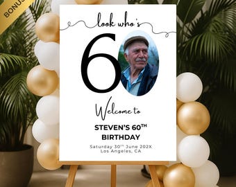 Male 60th Birthday Welcome Sign: Photo Template (Canva Editable, Digital Download)