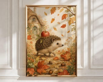 Woodland Nursery Decor, Autumn Hedgehog Cottagecore Print, Fall Baby Shower Gift - Kids Room