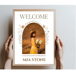 May include: Welcome to the graduation celebration of Mia Stone. A framed sign with a floral archway and a photo of a woman in a yellow dress holding a bouquet of white flowers.