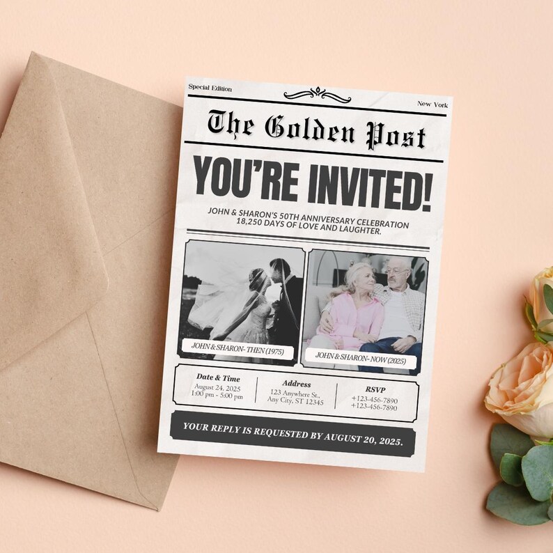 Peut inclure: Une invitation de style journal pour une c&eacute;l&eacute;bration de 50e anniversaire. L'invitation pr&eacute;sente une photo en noir et blanc du couple de leur jour de mariage et une photo actuelle du couple. Le texte indique "The Golden Post" et "You're Invited!" avec les noms du couple et la date et l'heure de l'&eacute;v&eacute;nement. L'invitation comprend &eacute;galement une adresse et des informations RSVP.