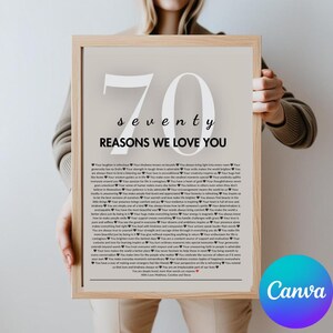 May include: A printable poster with a gray background and white text. The poster features the number 70 in large white font, followed by the word "seventy" in smaller white font. Below the number is the text "Reasons We Love You" in black font. The poster is filled with 70 reasons why someone is loved, written in small black font.
