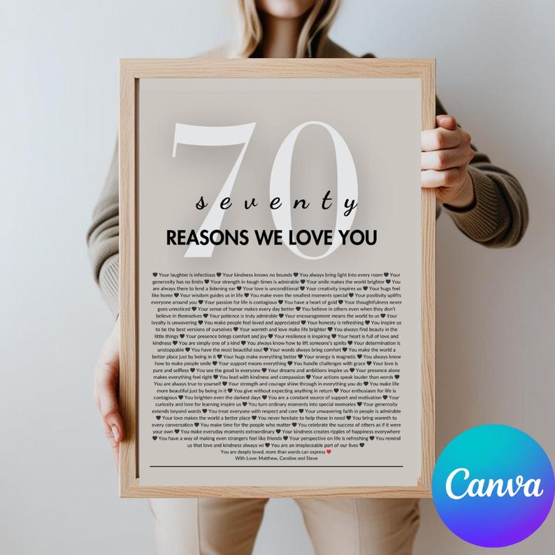 May include: A printable poster with a gray background and white text. The poster features the number 70 in large white font, followed by the word "seventy" in smaller white font. Below the number is the text "Reasons We Love You" in black font. The poster is filled with 70 reasons why someone is loved, written in small black font.