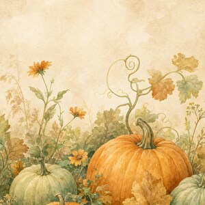 May include: A watercolor illustration featuring a large orange pumpkin centered among smaller pale green pumpkins, surrounded by orange wildflowers, green foliage, and curling vines against a soft, textured, light beige background.