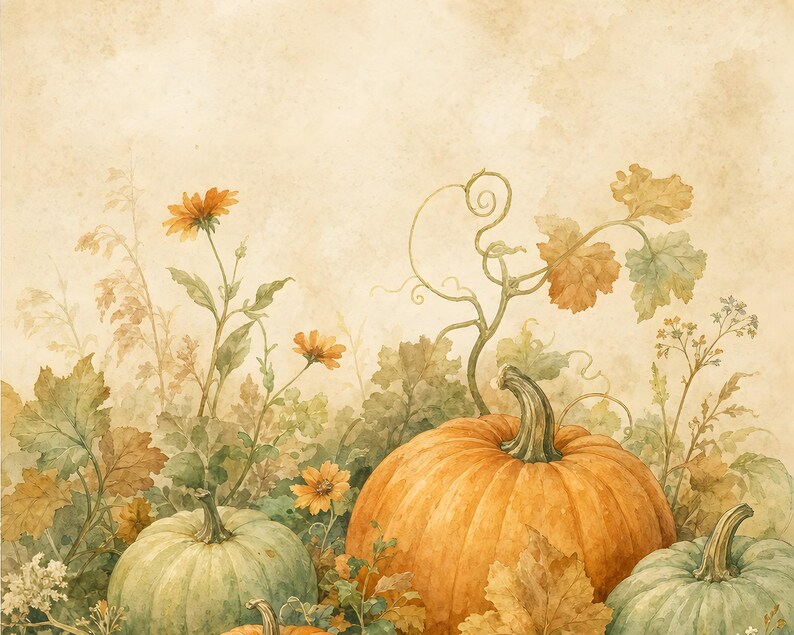 May include: A watercolor illustration featuring a large orange pumpkin centered among smaller pale green pumpkins, surrounded by orange wildflowers, green foliage, and curling vines against a soft, textured, light beige background.