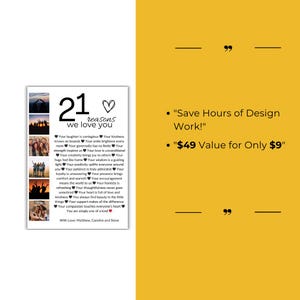 May include: A printable digital download with a black and white design featuring 21 reasons to love someone. The design includes a heart, photos, and the text "21 reasons we love you". The text "Save Hours of Design Work!" and "$49 Value for Only $9" is also included.