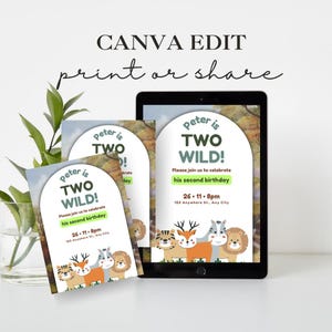 May include: A printable invitation for a child's second birthday party. The invitation features a green and brown woodland scene with a variety of animals, including a tiger, deer, zebra, and lion. The text on the invitation reads "Peter is Two Wild!" and includes the date and time of the party.