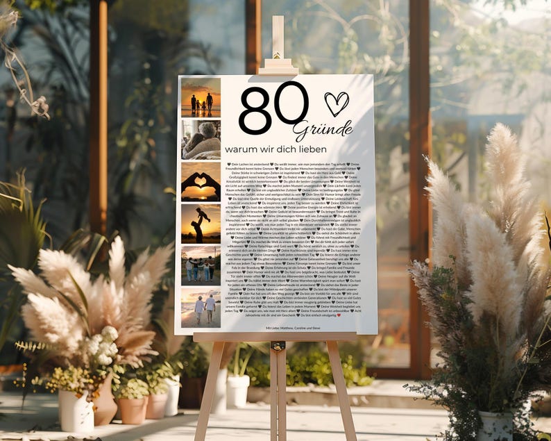 Personalisiertes Geschenk zum 80. Geburtstag – Fotocollage, 80 Gründe warum wir dich lieben, Canva Vorlage image 1