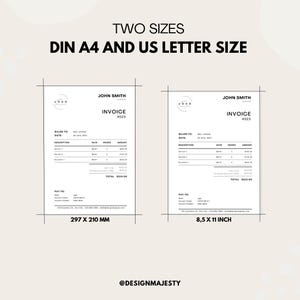 May include: Two invoice templates in different sizes: 8.5 x 11 inches and 297 x 210 mm. The templates are black and white with a simple design. The text "JOHN SMITH" and "INVOICE #023" is at the top of each template.
