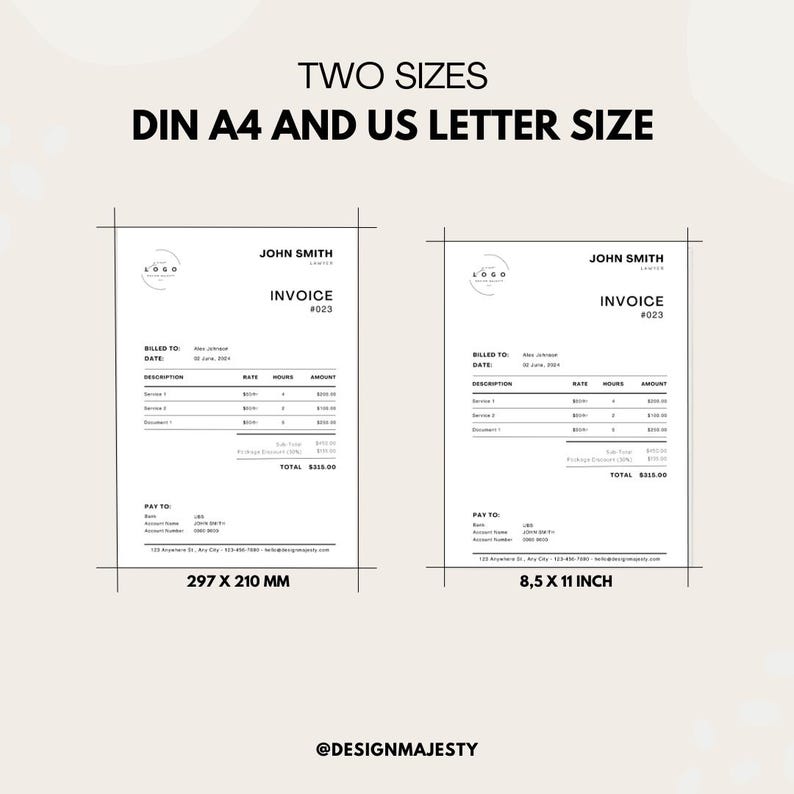 May include: Two invoice templates in different sizes: 8.5 x 11 inches and 297 x 210 mm. The templates are black and white with a simple design. The text "JOHN SMITH" and "INVOICE #023" is at the top of each template.