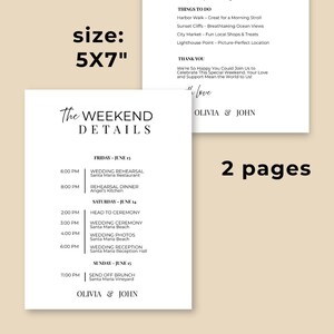 K&ouml;nnte beinhalten: Zweiseitige Hochzeits-Agenda auf wei&szlig;em Karton gedruckt. Der Text enth&auml;lt die Gr&ouml;&szlig;e, "The Weekend Details", einen Zeitplan und "Olivia & John". Die Gr&ouml;&szlig;e betr&auml;gt 12,7 x 17,8 cm.